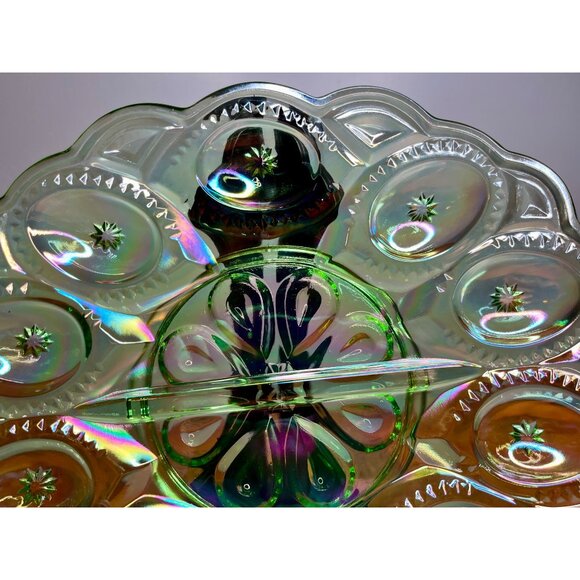 LE Smith Moon and Star Mint Green Carnival Glass Deviled Egg Plate - Picture 5 of 16
